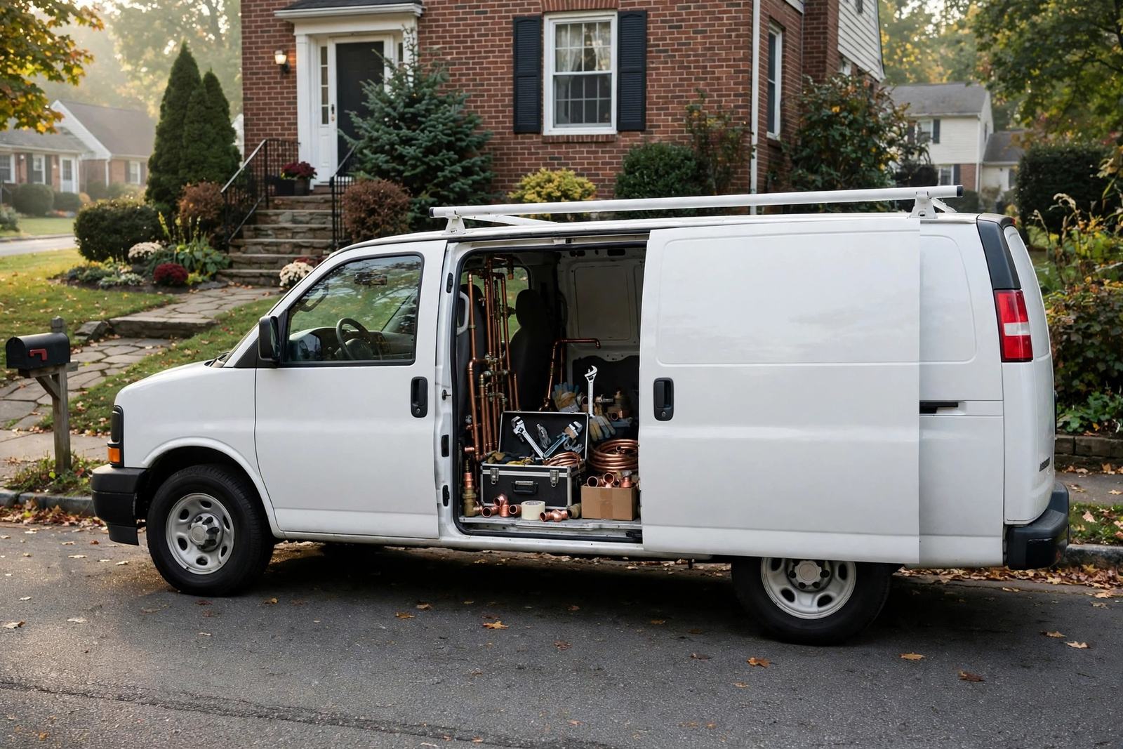 Unbranded work van with copper pipes and tools parked on a street in Elizabethtown