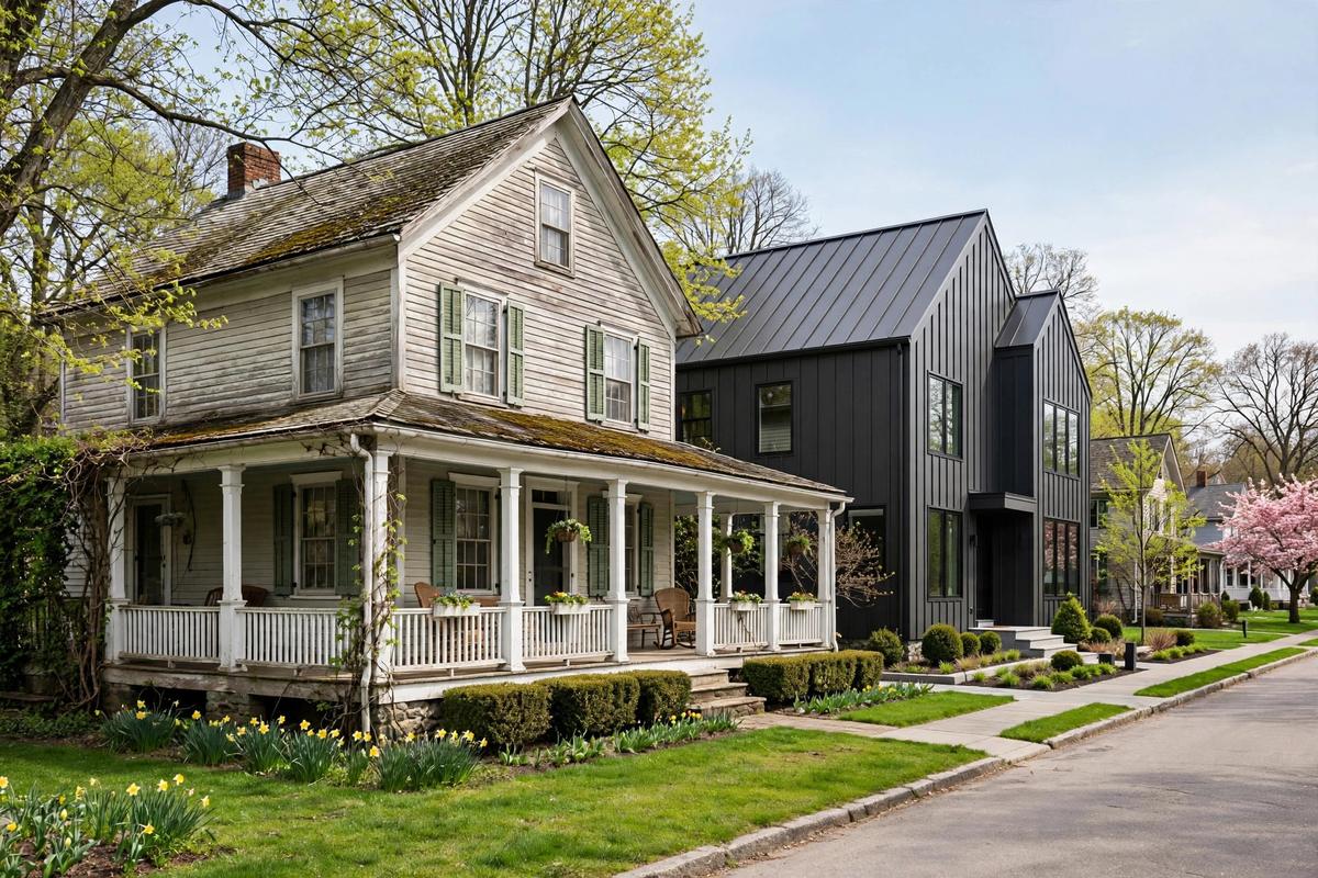 Older farmhouse beside a newer infill home on a village street in Bellaire near Elizabethtown