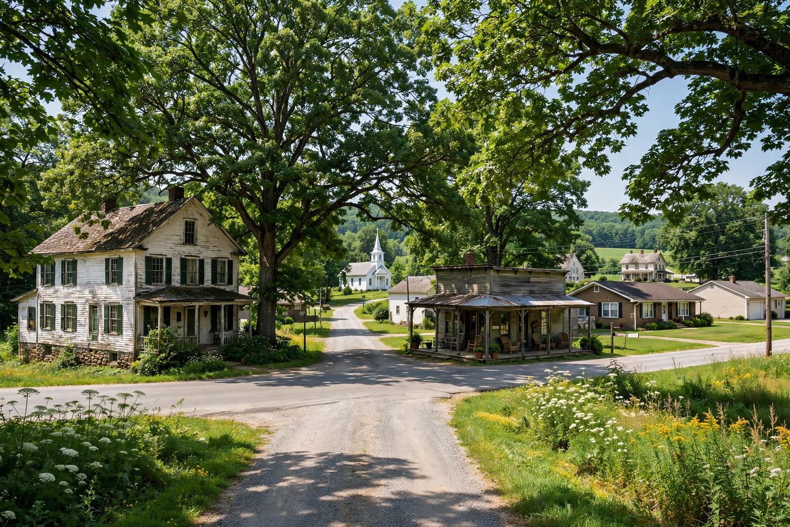 Village crossroads with farmhouses and a country store in Bellaire near Elizabethtown