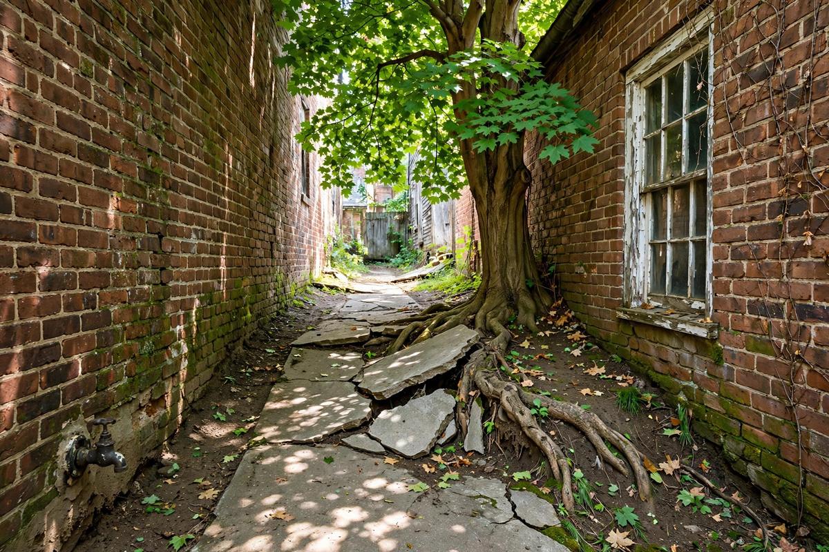 Narrow side yard with a mature tree between brick homes in Elizabethtown borough