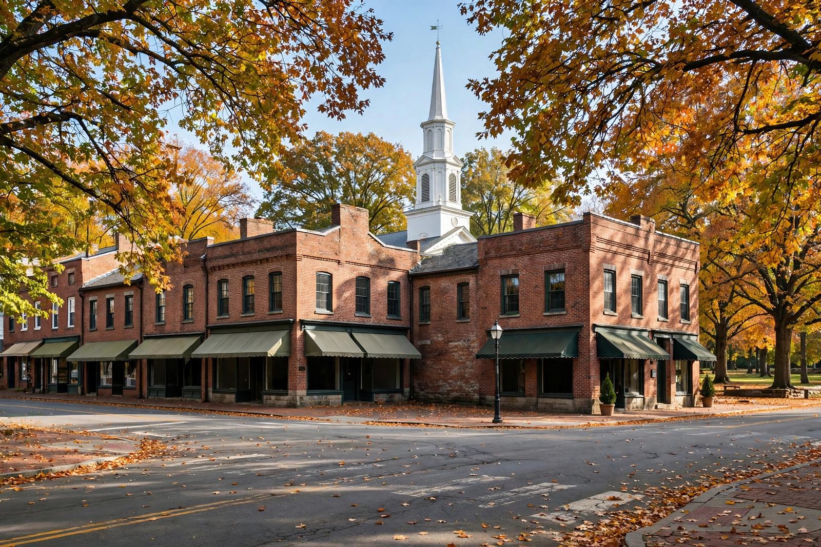 Historic brick storefronts and a church steeple on the square in Elizabethtown borough