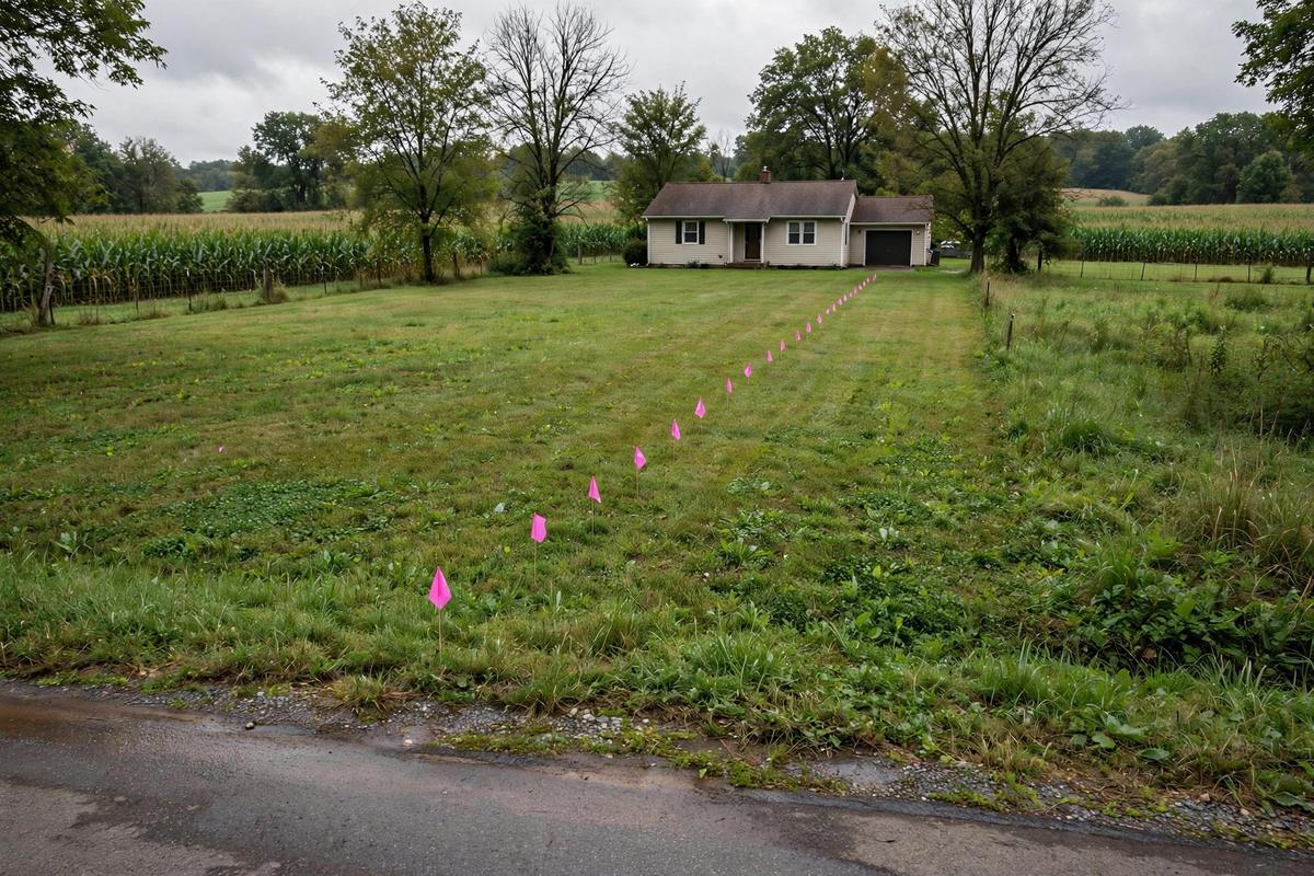 Row of utility marking flags tracing a buried water line across a rural lawn in Conewago Township near Elizabethtown