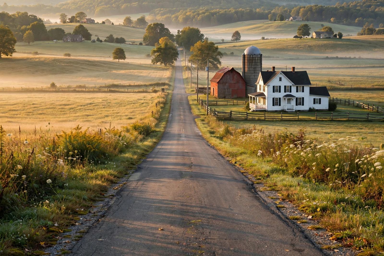 Rural road with a farmhouse, barn, and fields near Milton Grove outside Elizabethtown
