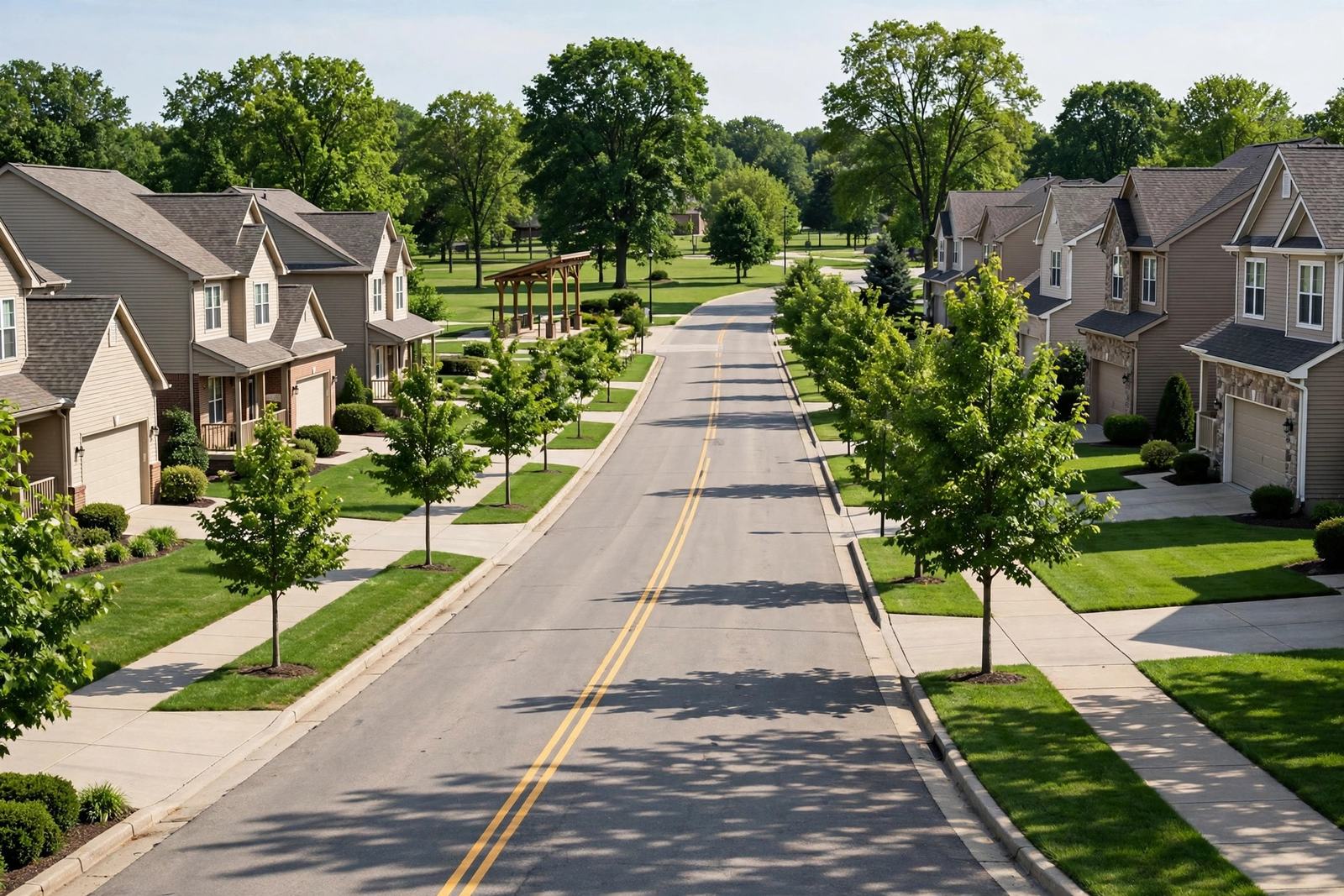 Suburban township road with newer homes in Mount Joy Township near Elizabethtown