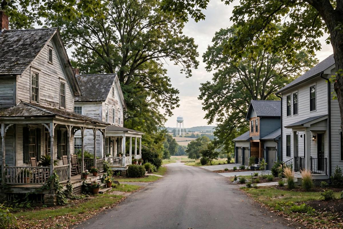 Village street with older farmhouses in Bellaire near Elizabethtown