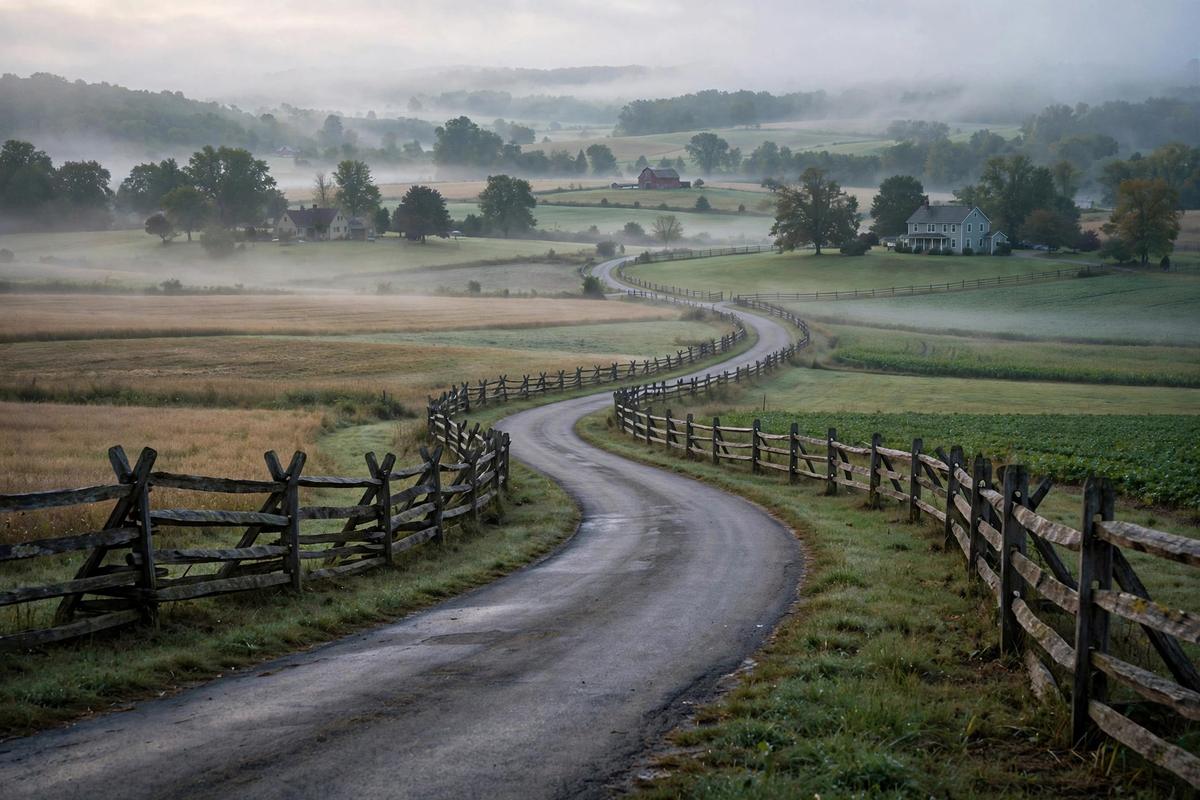 Country road with farm fields near Milton Grove outside Elizabethtown