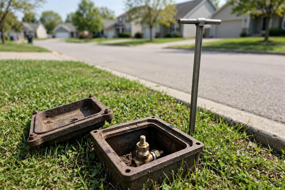 Open curb stop valve box with a curb key wrench in the grass in Elizabethtown