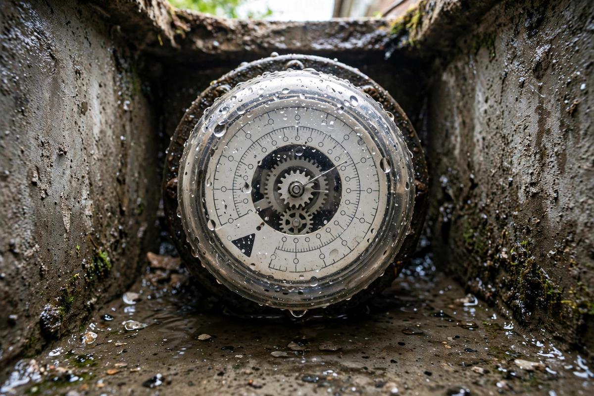 Water meter dial in an open pit being checked for a hidden leak in Elizabethtown