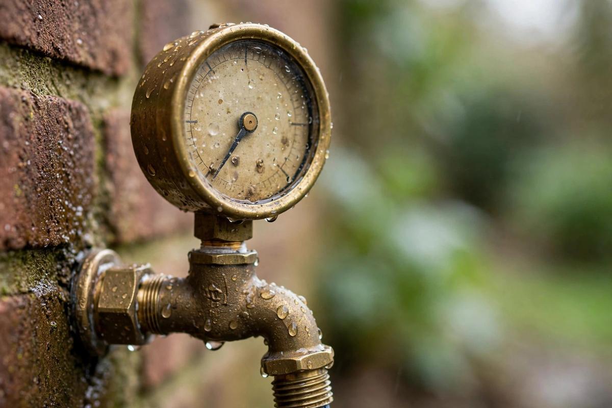 Pressure gauge on an outdoor spigot showing low water pressure at an Elizabethtown home