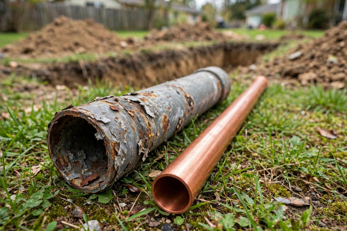 Old corroded galvanized pipe beside new copper pipe in Elizabethtown