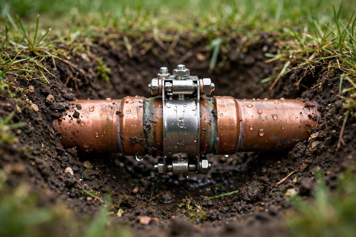 Copper pipe with a repair clamp exposed in a small pit in an Elizabethtown yard