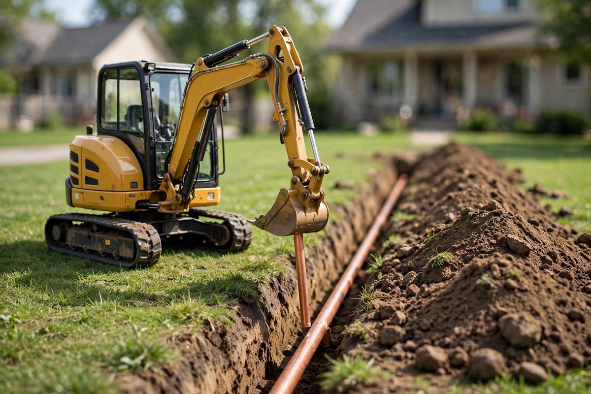 New copper water pipe being laid into a trench across a lawn in Elizabethtown