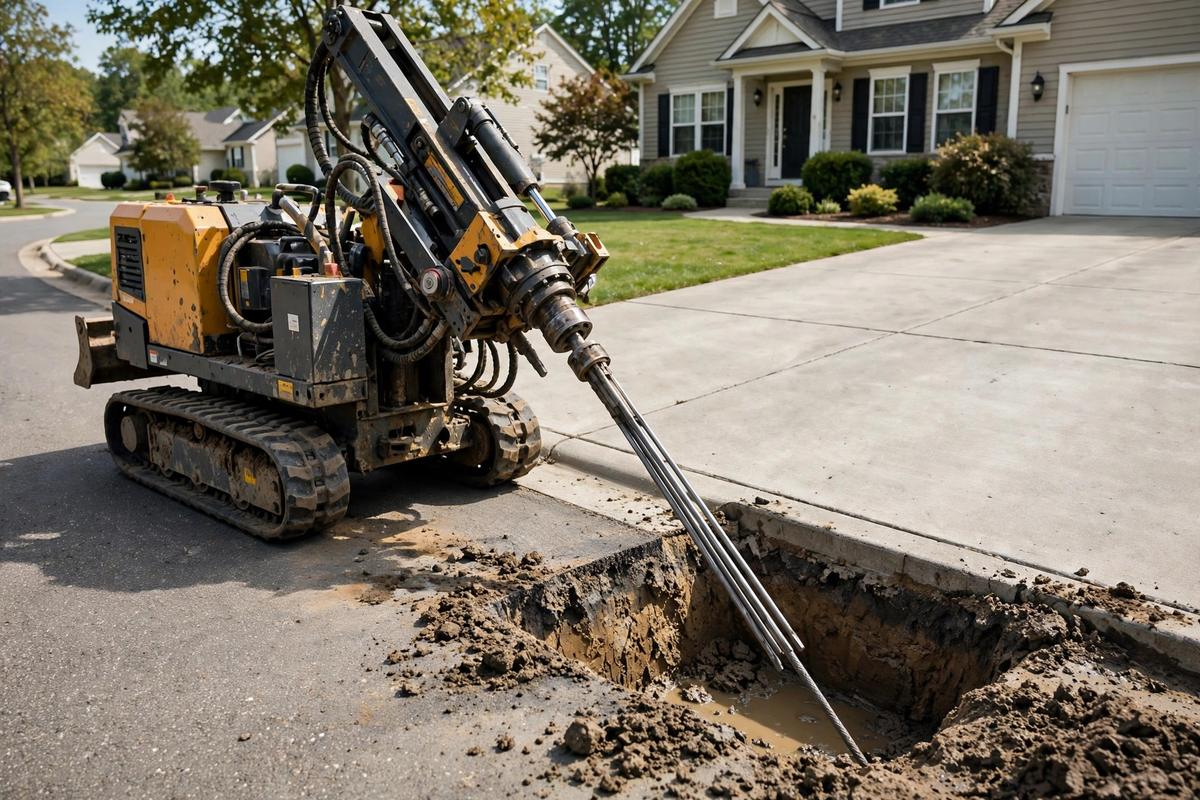 Trenchless boring equipment installing a water line under a driveway in Elizabethtown