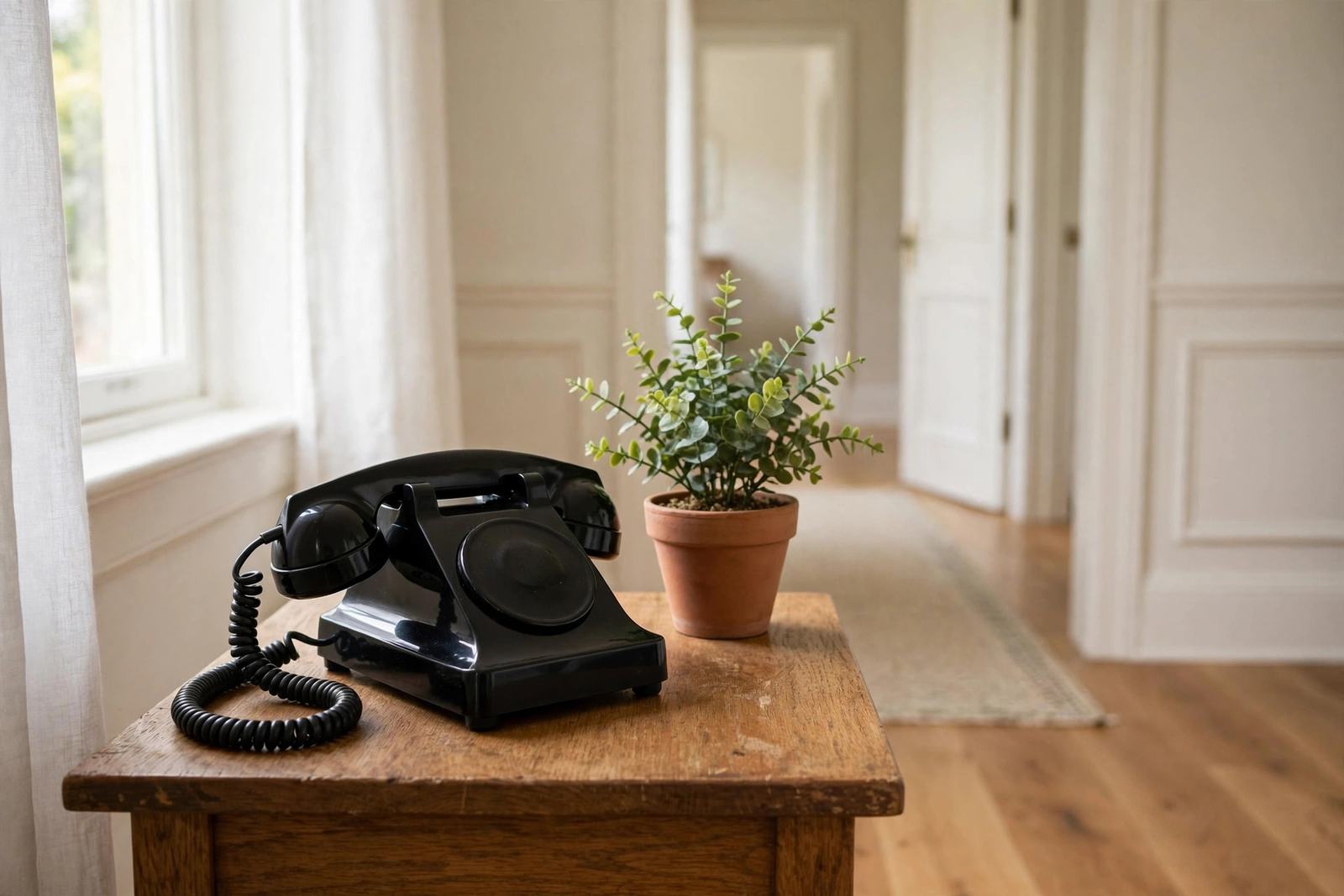 Classic telephone on a wooden table in a bright Elizabethtown home hallway