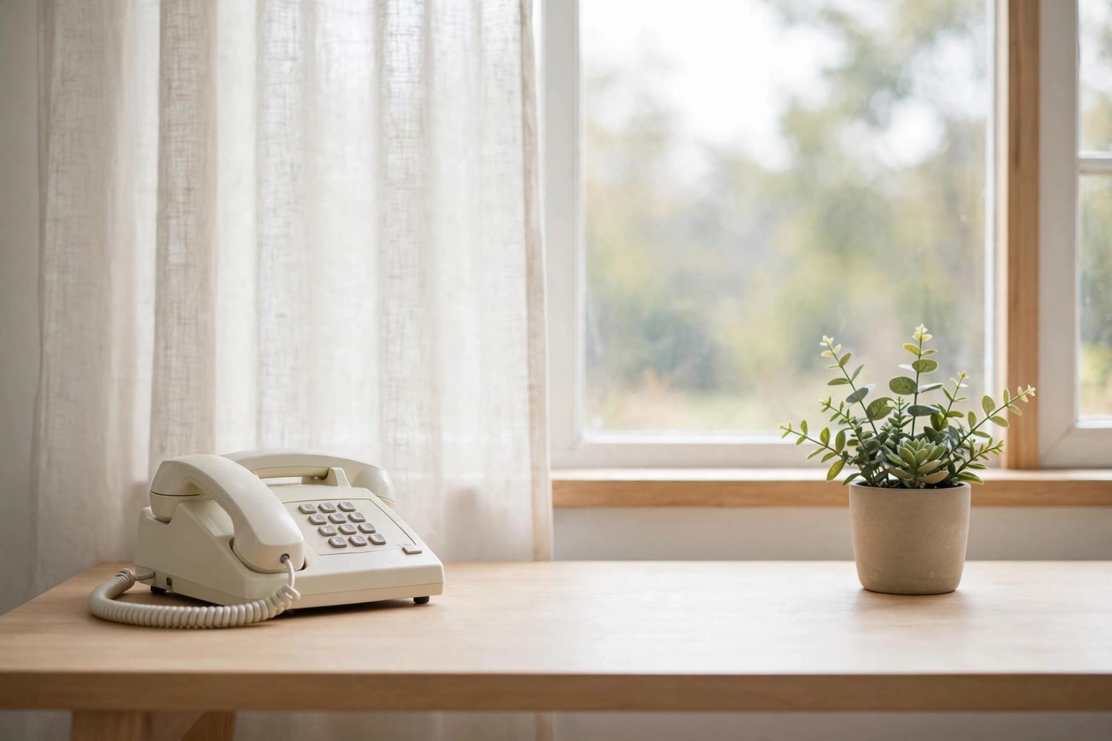 Desk telephone beside a plant in a bright office in Elizabethtown