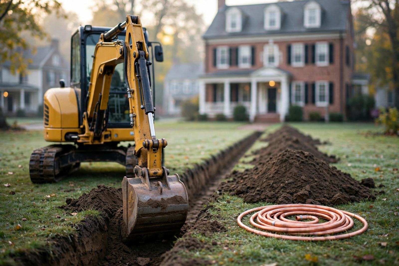 Excavator digging a trench for a new water line in the front yard of a brick home in Elizabethtown, Pennsylvania