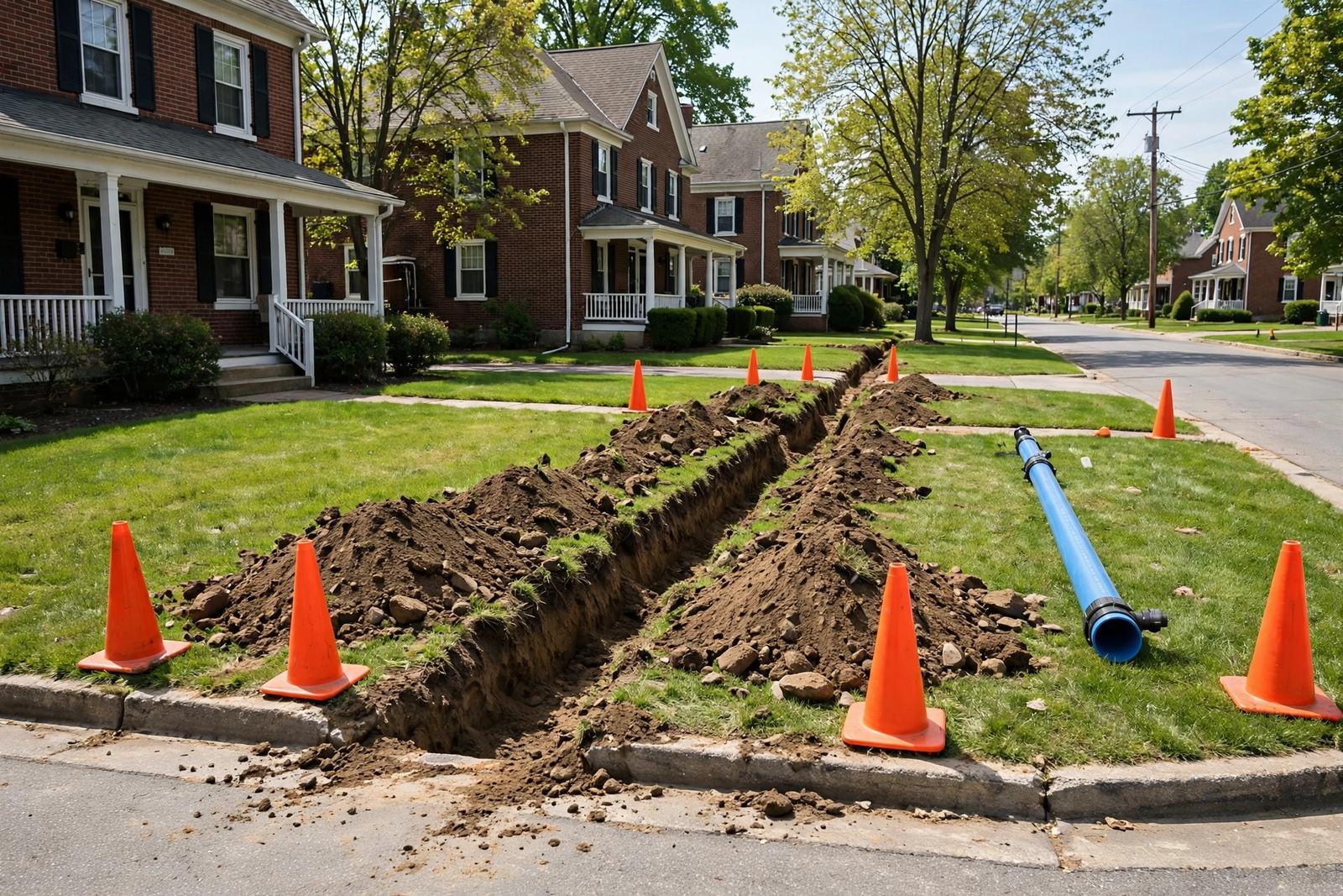 Water service line replacement work zone with an open trench on a residential street in Elizabethtown