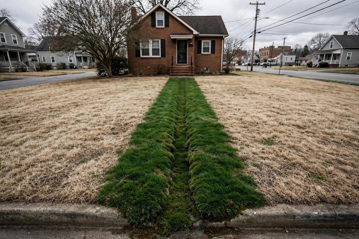 A bright green strip of lawn marking a possible underground leak in a front yard in Elizabethtown