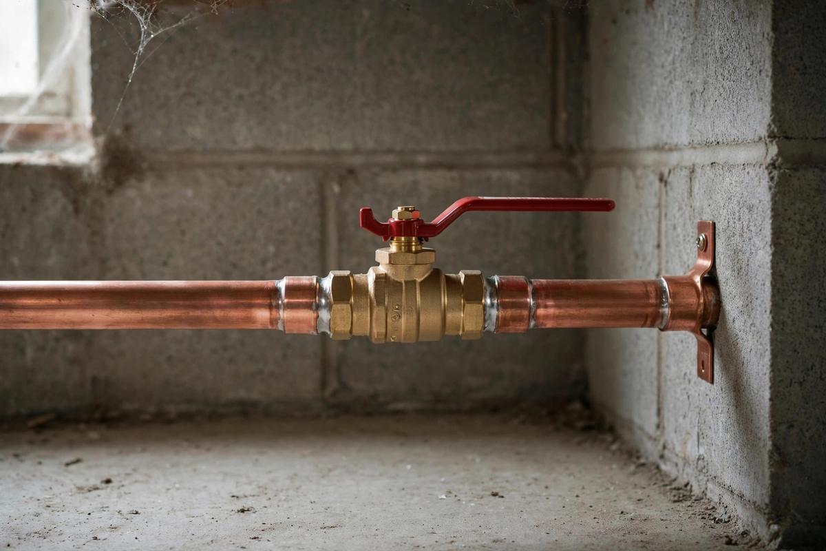 New brass main shut-off valve with a red lever handle on copper pipe in an Elizabethtown basement