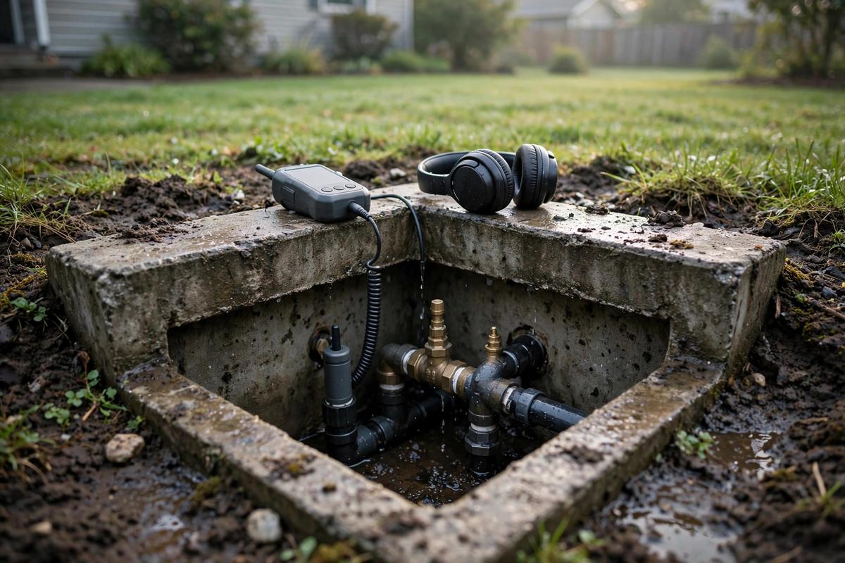 Acoustic leak listening equipment at an open water meter pit in Elizabethtown
