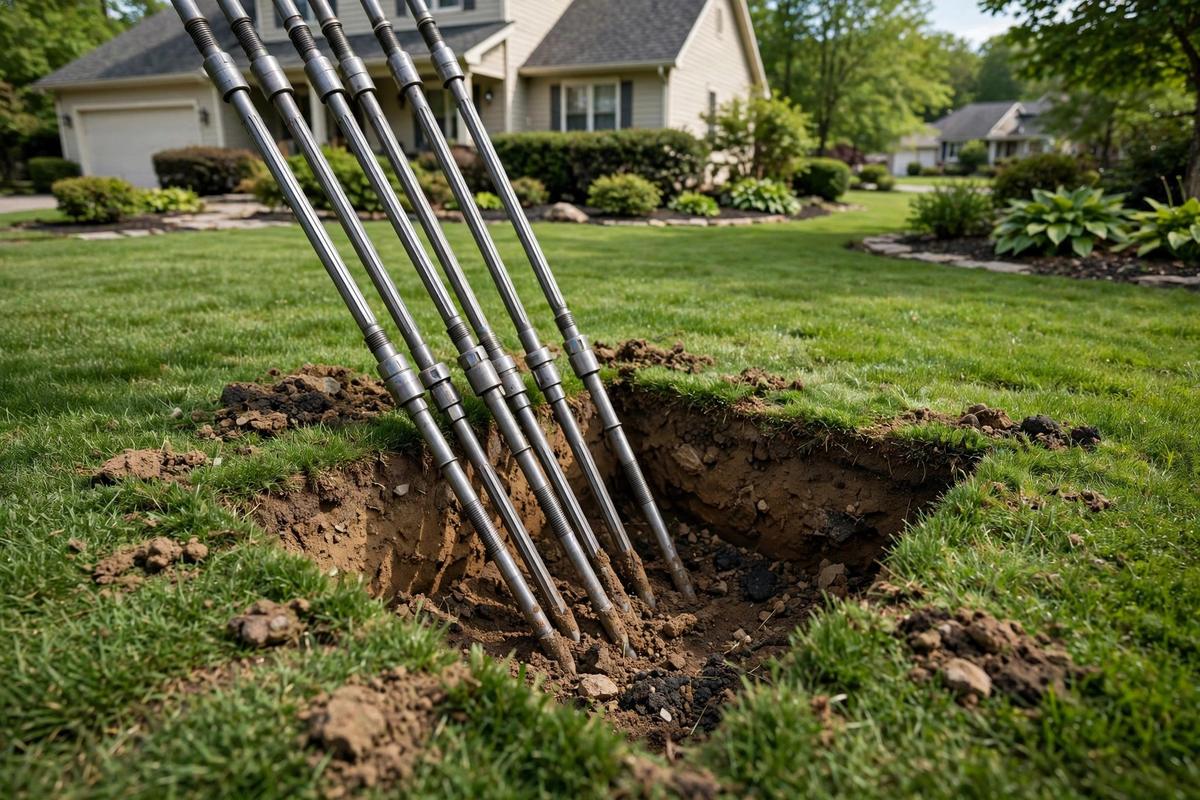 Trenchless drill rods angling into the ground from a small pit on an intact Elizabethtown lawn
