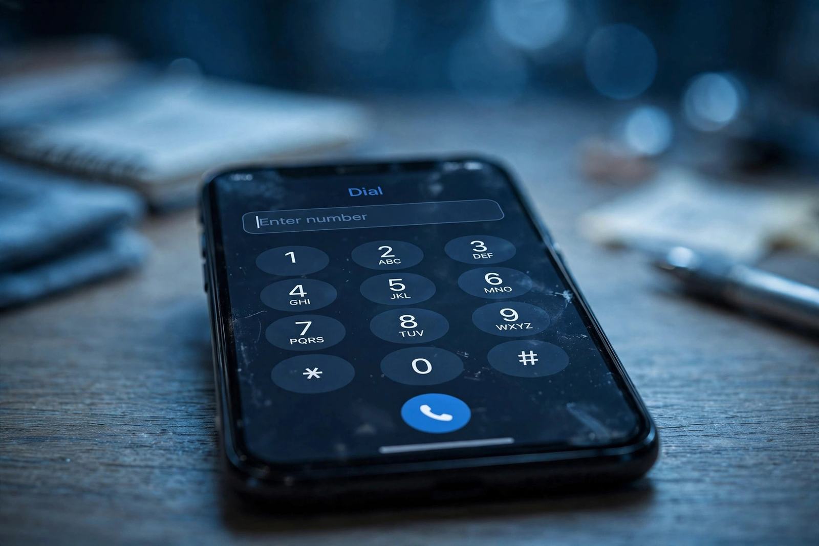 Smartphone showing a dial pad on a desk, representing call privacy in Elizabethtown