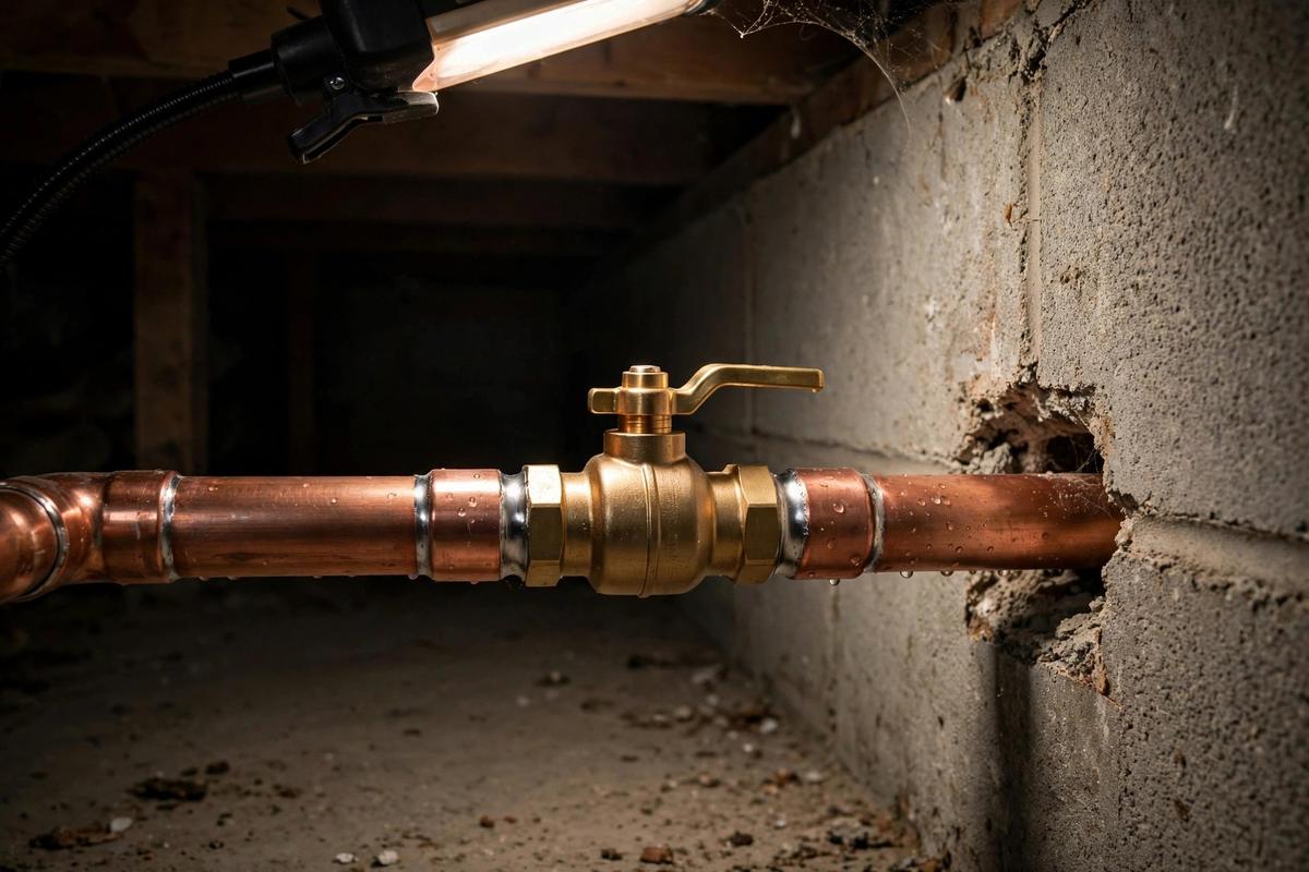 New brass main shut-off valve on a copper pipe in an Elizabethtown basement