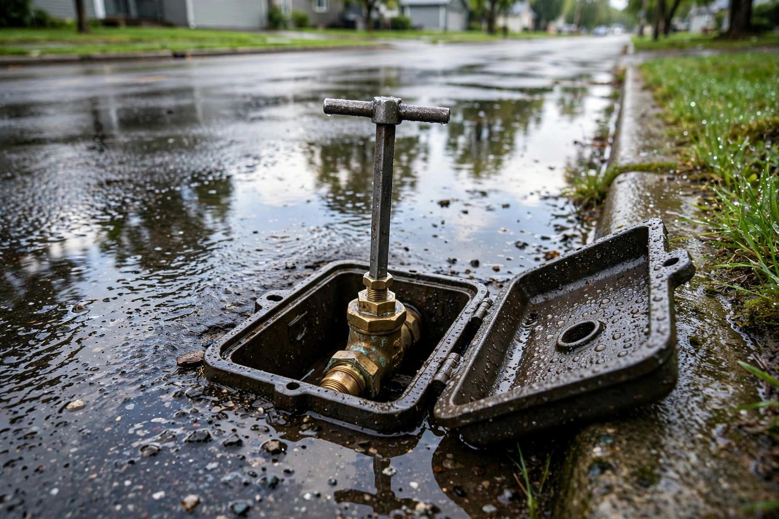 Open curb stop valve box with a curb key tool at the street in Elizabethtown