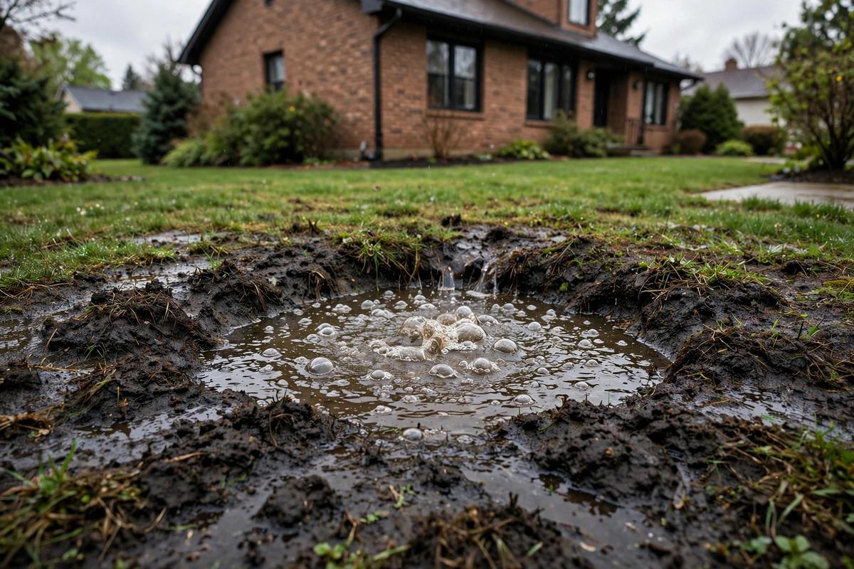 Water bubbling up through saturated lawn from a buried line leak in Elizabethtown