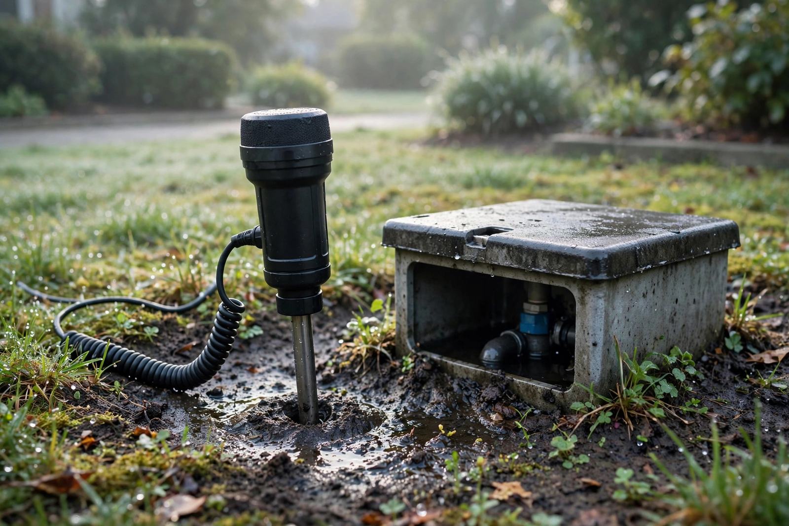 Acoustic leak listening device at a water meter box in a front yard in Elizabethtown