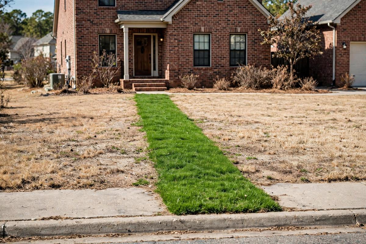 A bright green grass strip revealing a buried water leak in an Elizabethtown yard