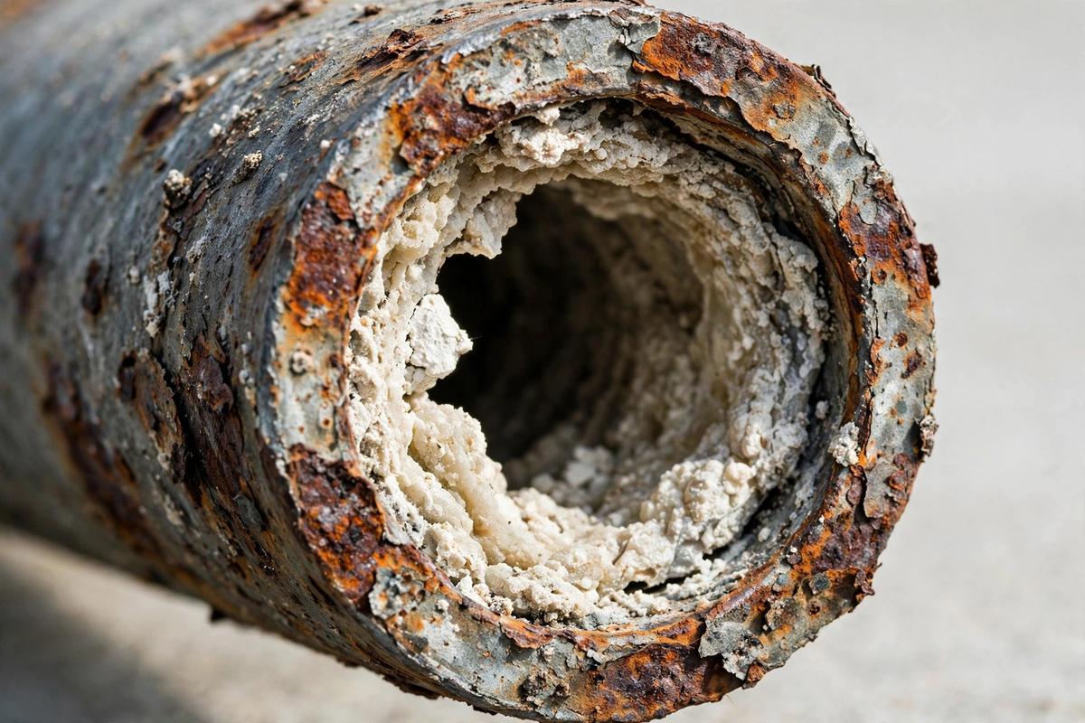 Corroded galvanized pipe interior choked with mineral scale in Elizabethtown