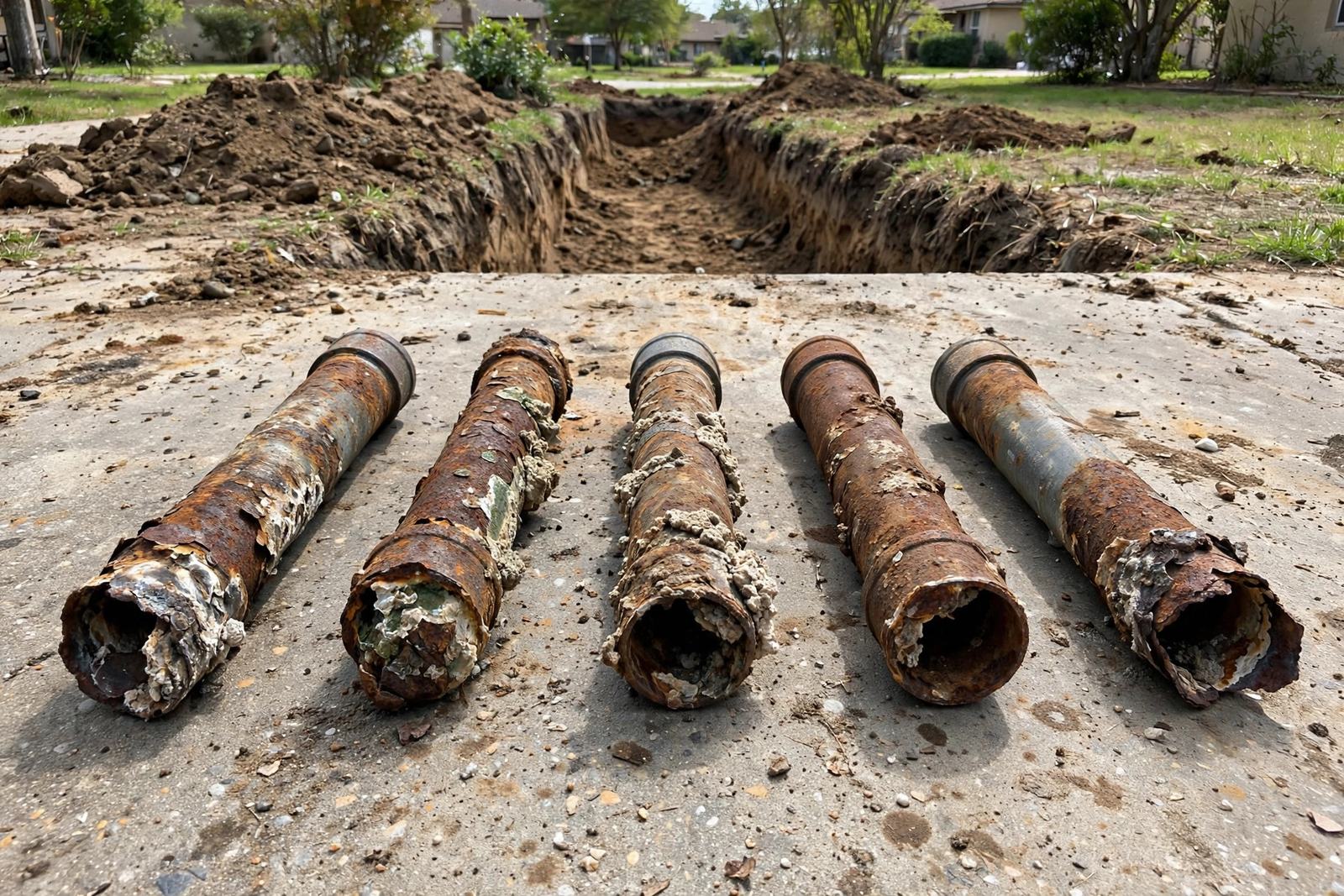 Removed sections of corroded galvanized water pipe laid out in Elizabethtown