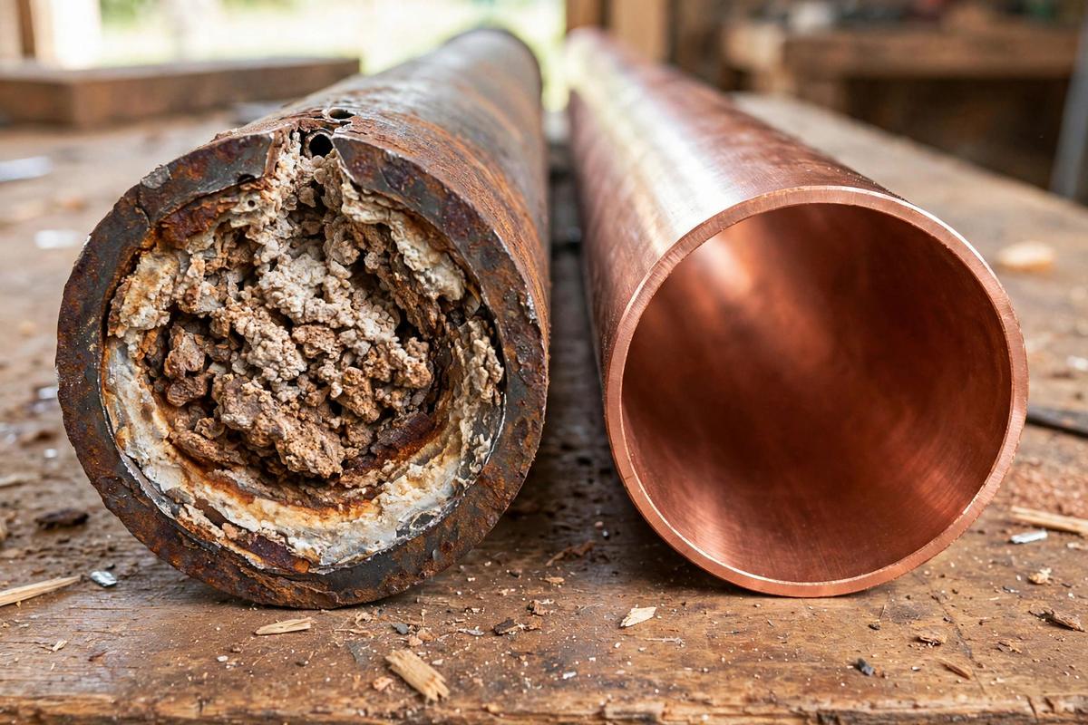 Cutaway of an old steel pipe narrowed by rust beside a clean new pipe in Elizabethtown