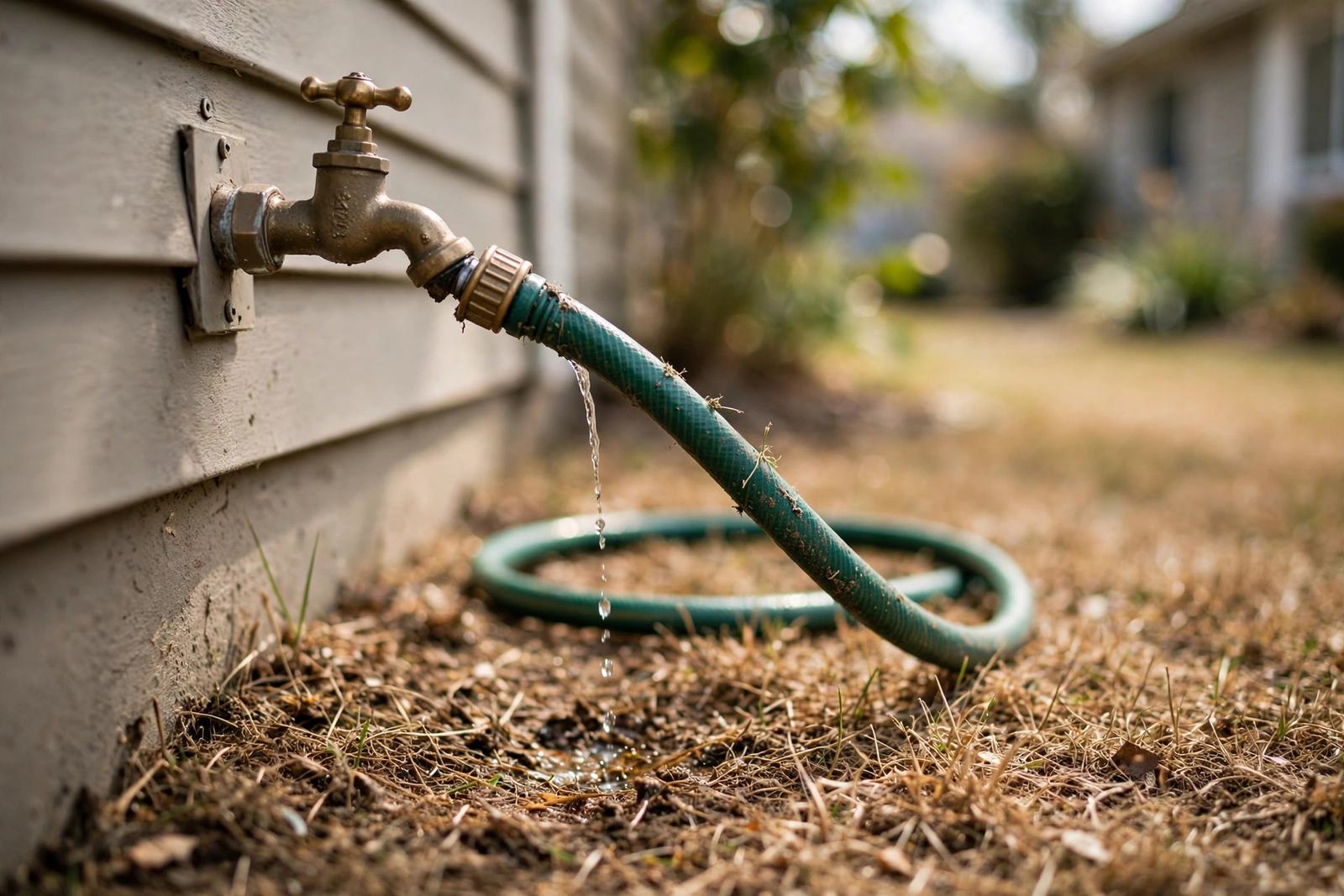 Garden hose with a weak trickle showing low water pressure at an Elizabethtown home