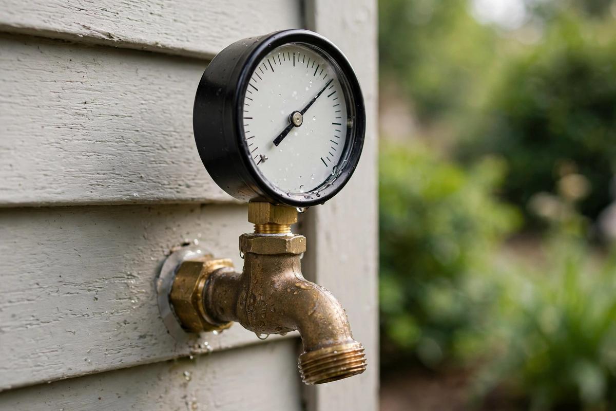 Pressure gauge on an outdoor hose bibb testing water pressure at an Elizabethtown home