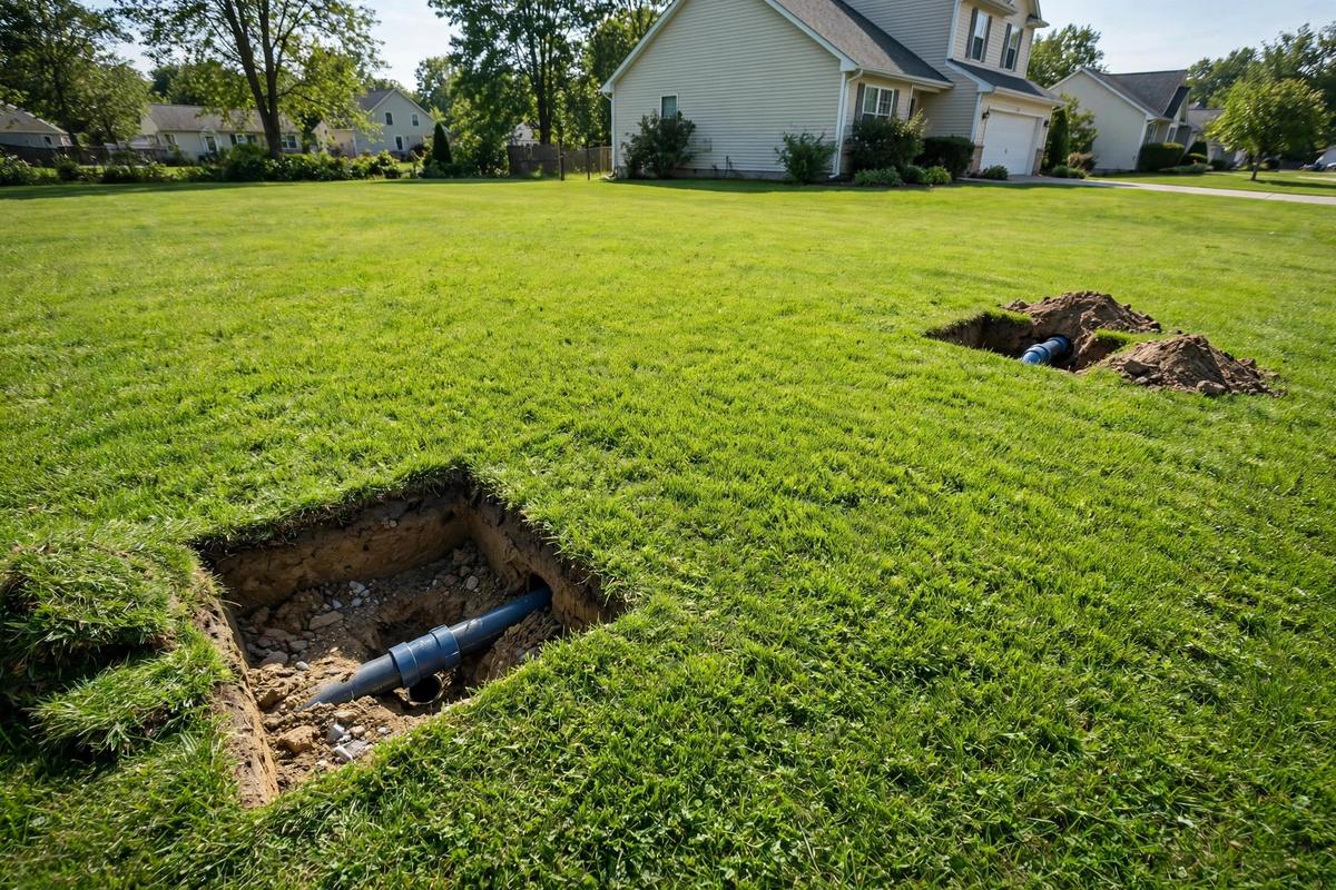 Two small access pits in a lawn with new water pipe, the grass between untouched, in Elizabethtown