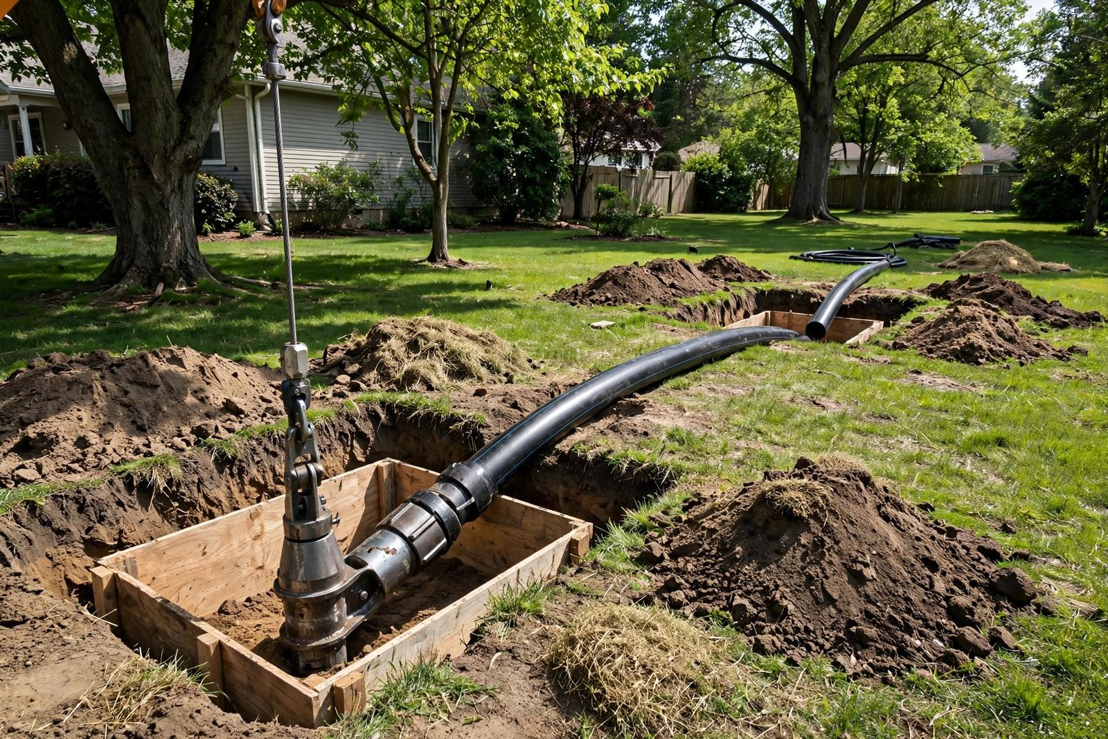Pipe bursting equipment pulling new water pipe through the ground in an Elizabethtown yard