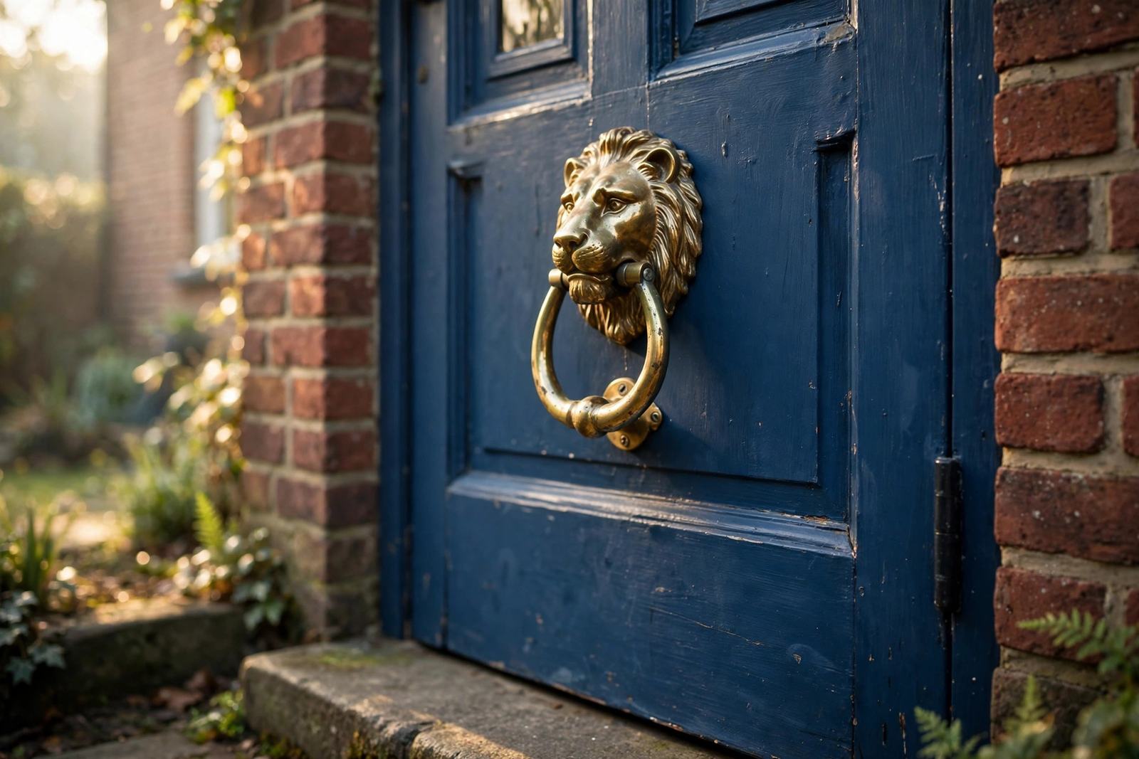 Brass door knocker on a blue front door of a brick home in Elizabethtown